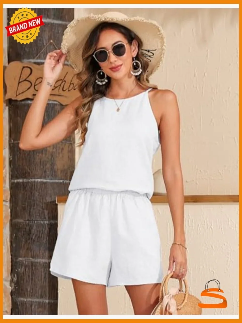 Pure Linen 2 Piece Short Set Sleeveless Halter Top High Waist Shorts Lounge